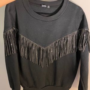 Black sweatshirt with rhinestone fringe